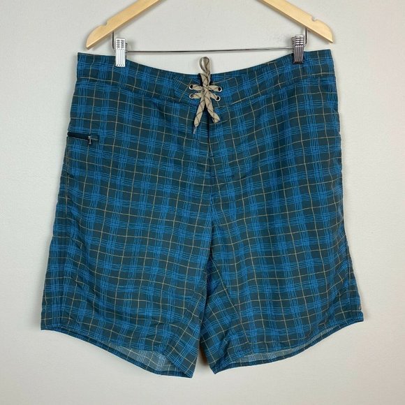Patagonia Board Shorts‎ Mens 38 Nylon Hybrid Blue Gray Plaid Zip Pocket Casual - Picture 1 of 8